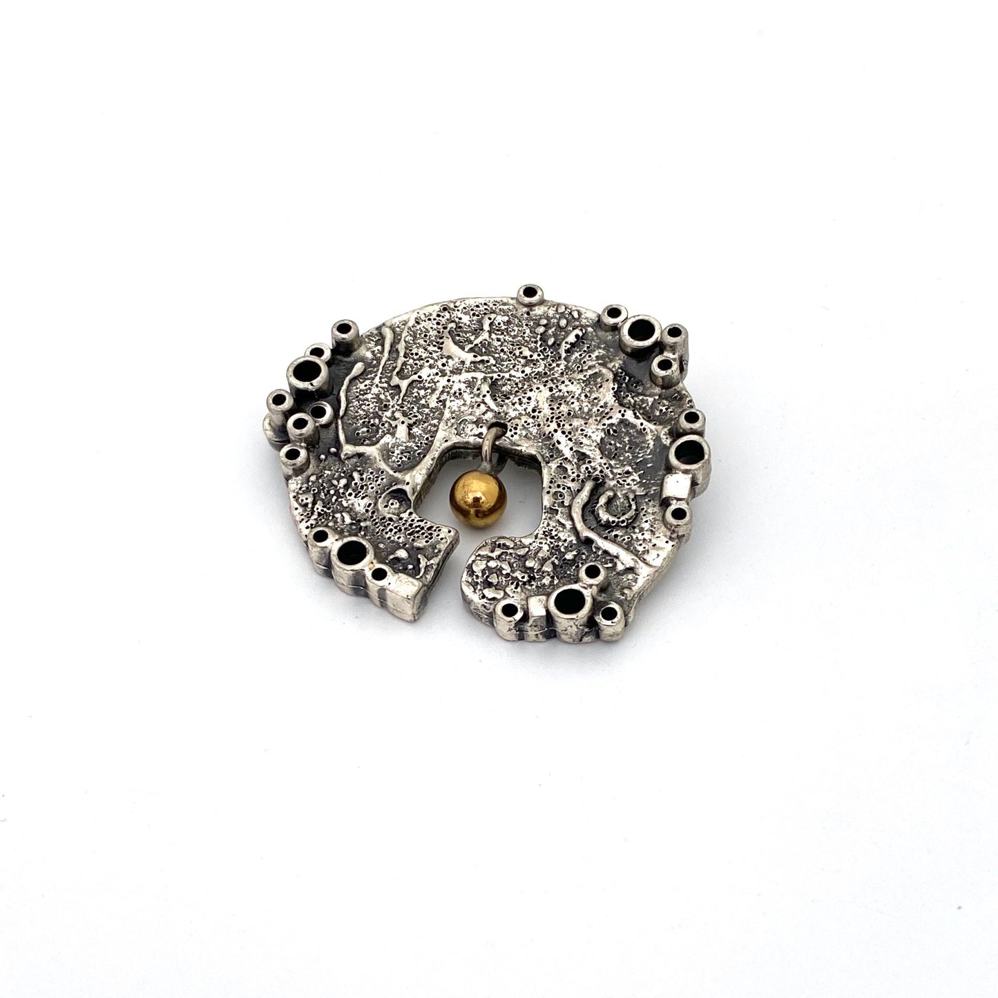 Guy Vidal brutalist pewter brooch ~ kinetic brass sphere