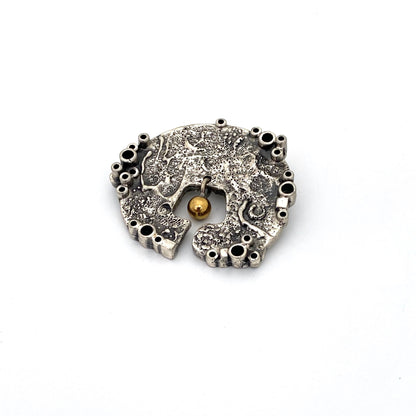 Guy Vidal brutalist pewter brooch ~ kinetic brass sphere