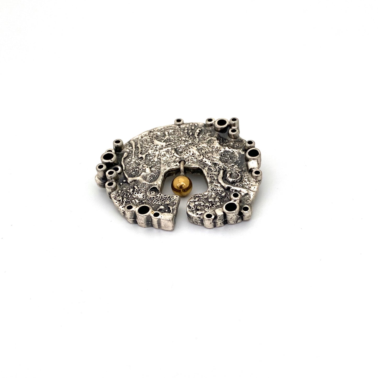 detail Guy Vidal Canada vintage brutalist pewter kinetic brass sphere brooch Canadian Modernist jewelry design