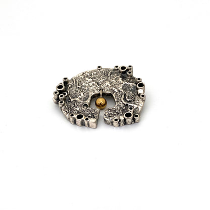 detail Guy Vidal Canada vintage brutalist pewter kinetic brass sphere brooch Canadian Modernist jewelry design