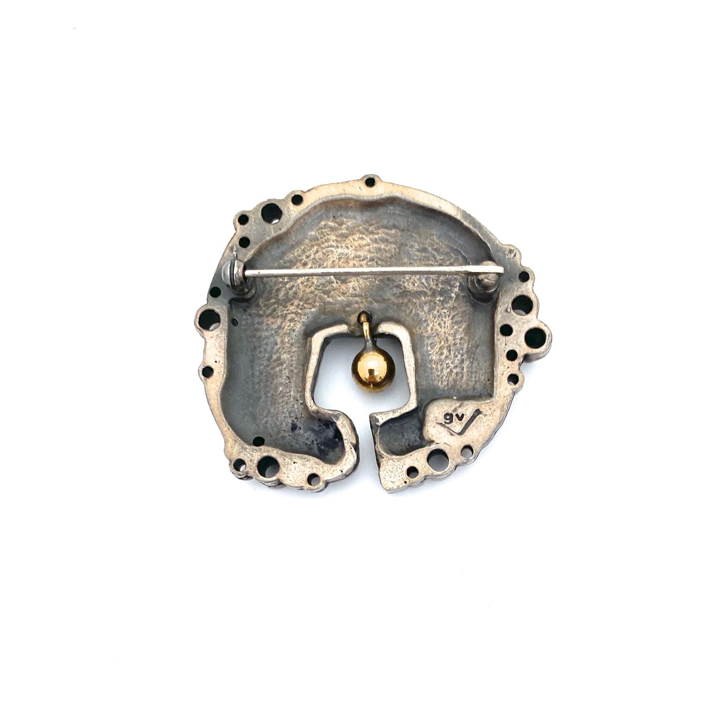 Guy Vidal brutalist pewter brooch ~ kinetic brass sphere