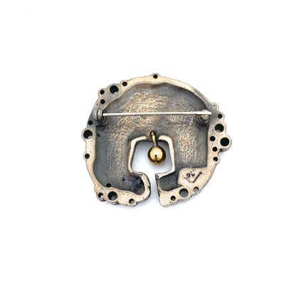Guy Vidal brutalist pewter brooch ~ kinetic brass sphere