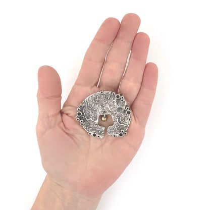 scale Guy Vidal Canada vintage brutalist pewter kinetic brass sphere brooch Canadian Modernist jewelry design