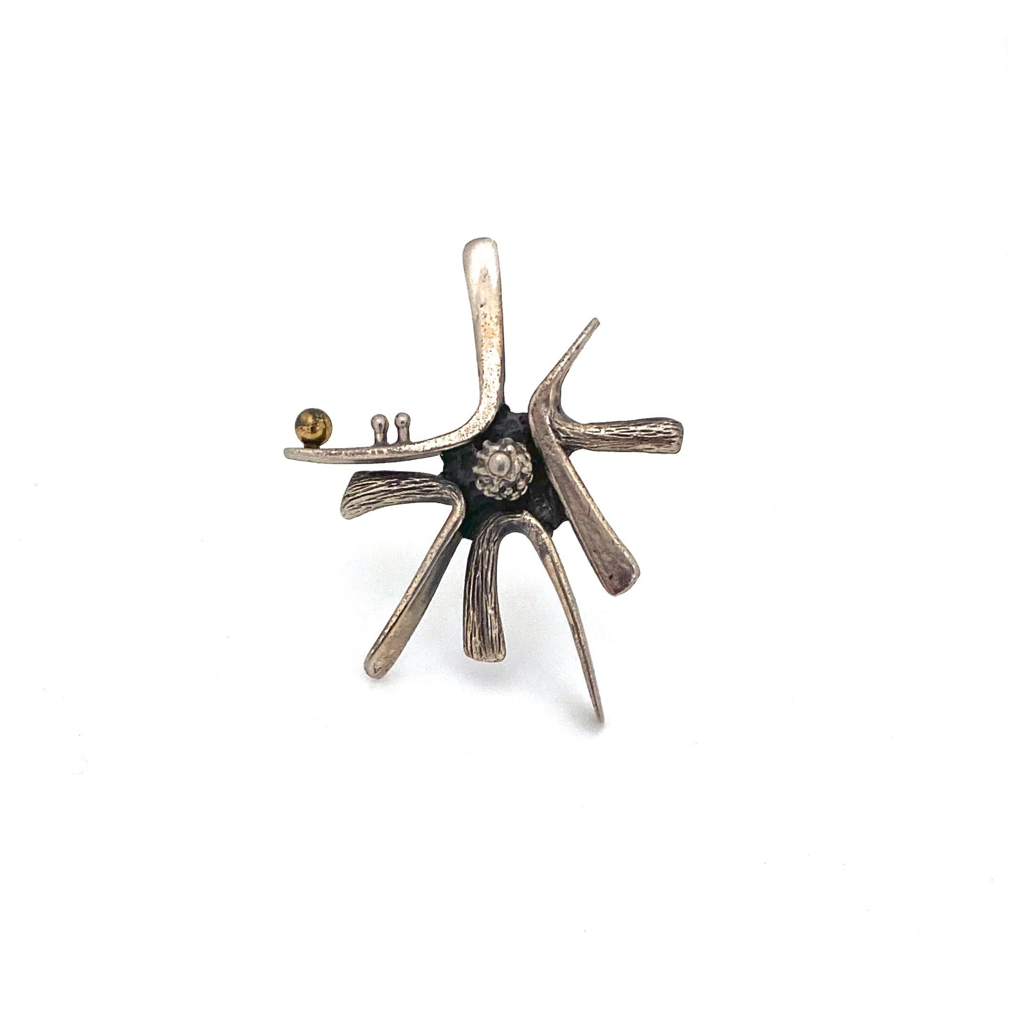 detail Guy Vidal Canada vintage brutalist pewter bronze sphere starburst brooch Canadian Modernist jewelry design