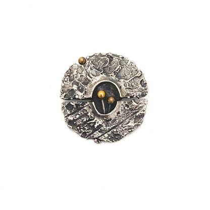 Guy Vidal brutalist pewter & brass spheres split circle brooch