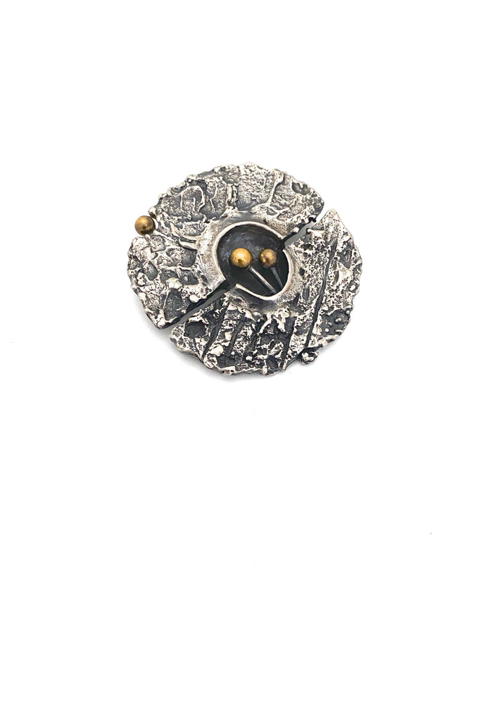 Guy Vidal Canada vintage brutalist pewter brass spheres split circle brooch Canadian Modernist jewelry design