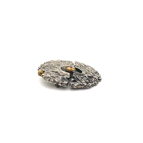 profile Guy Vidal Canada vintage brutalist pewter brass spheres split circle brooch Canadian Modernist jewelry design
