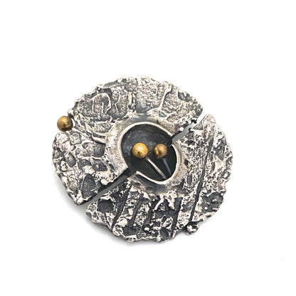 detail Guy Vidal Canada vintage brutalist pewter brass spheres split circle brooch Canadian Modernist jewelry design