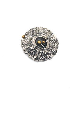 Guy Vidal Canada vintage brutalist pewter brass spheres split circle brooch Canadian Modernist jewelry design