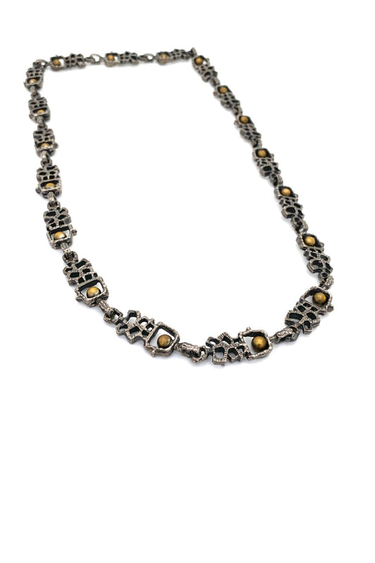Guy Vidal Canada vintage brutalist pewter brass spheres long link chain necklace