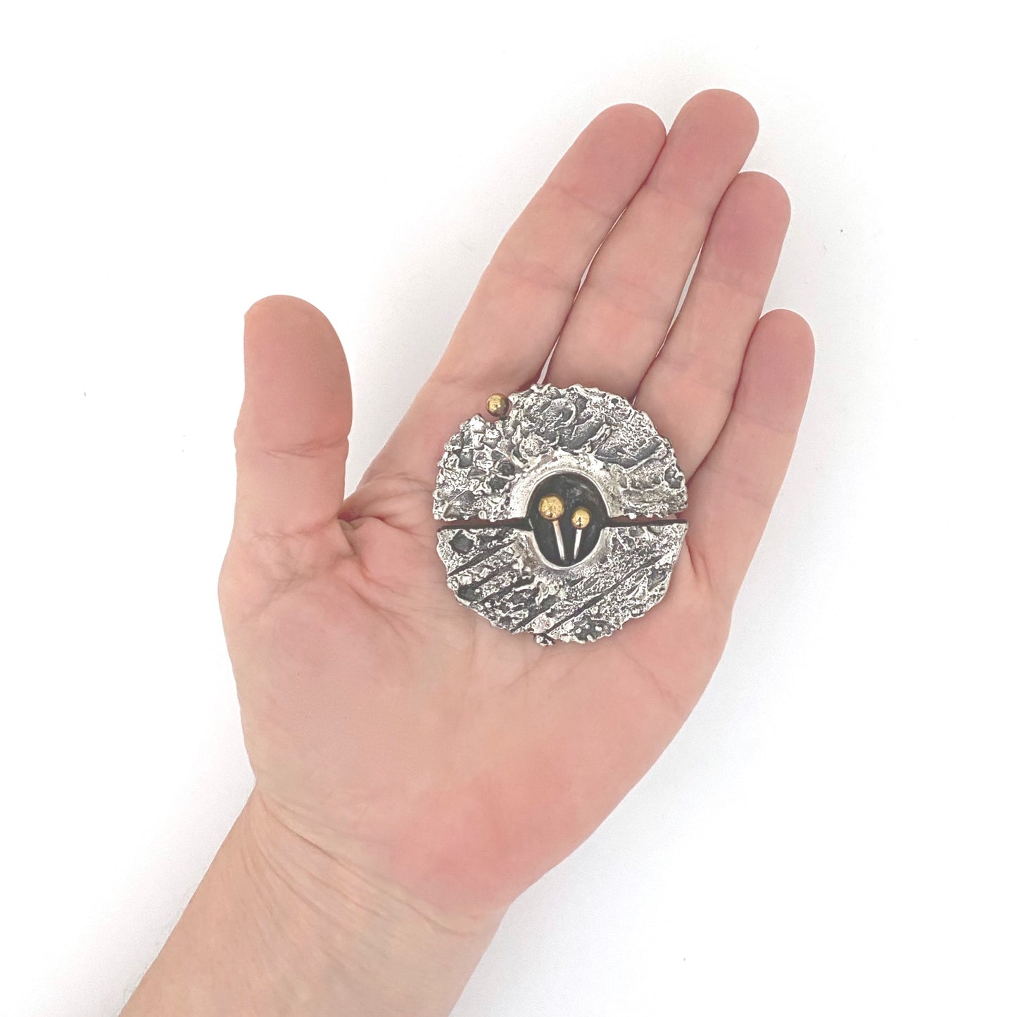 scale Guy Vidal Canada vintage brutalist pewter bronze sphere brooch Canadian Modernist jewelry design