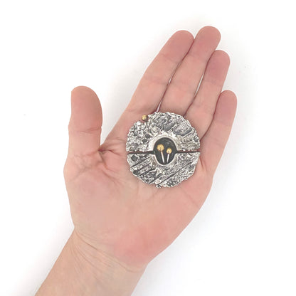 scale Guy Vidal Canada vintage brutalist pewter bronze sphere brooch Canadian Modernist jewelry design