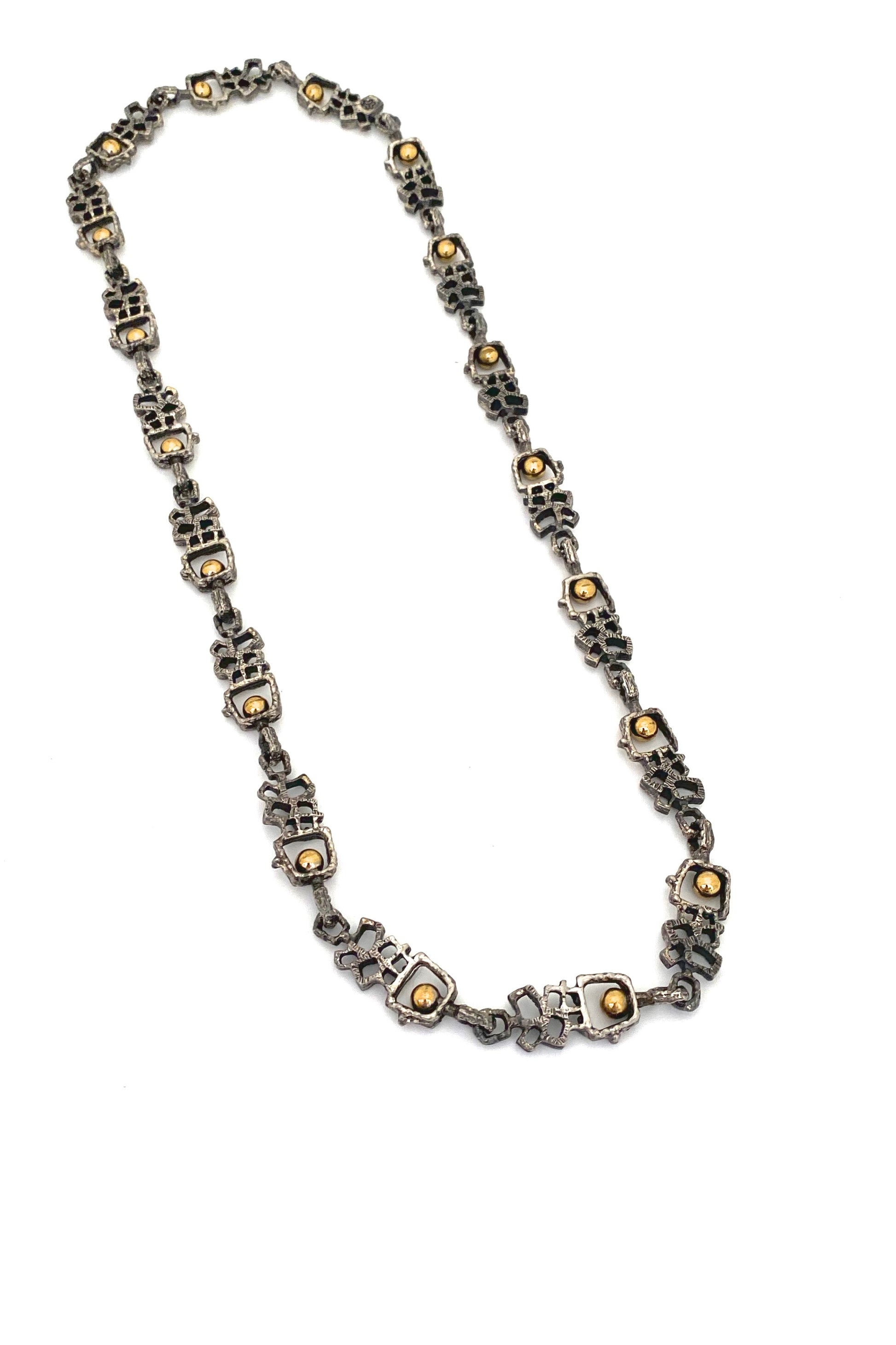 Guy Vidal Canada vintage brutalist pewter bronze spheres long link chain necklace Canadian Modernist jewelry design