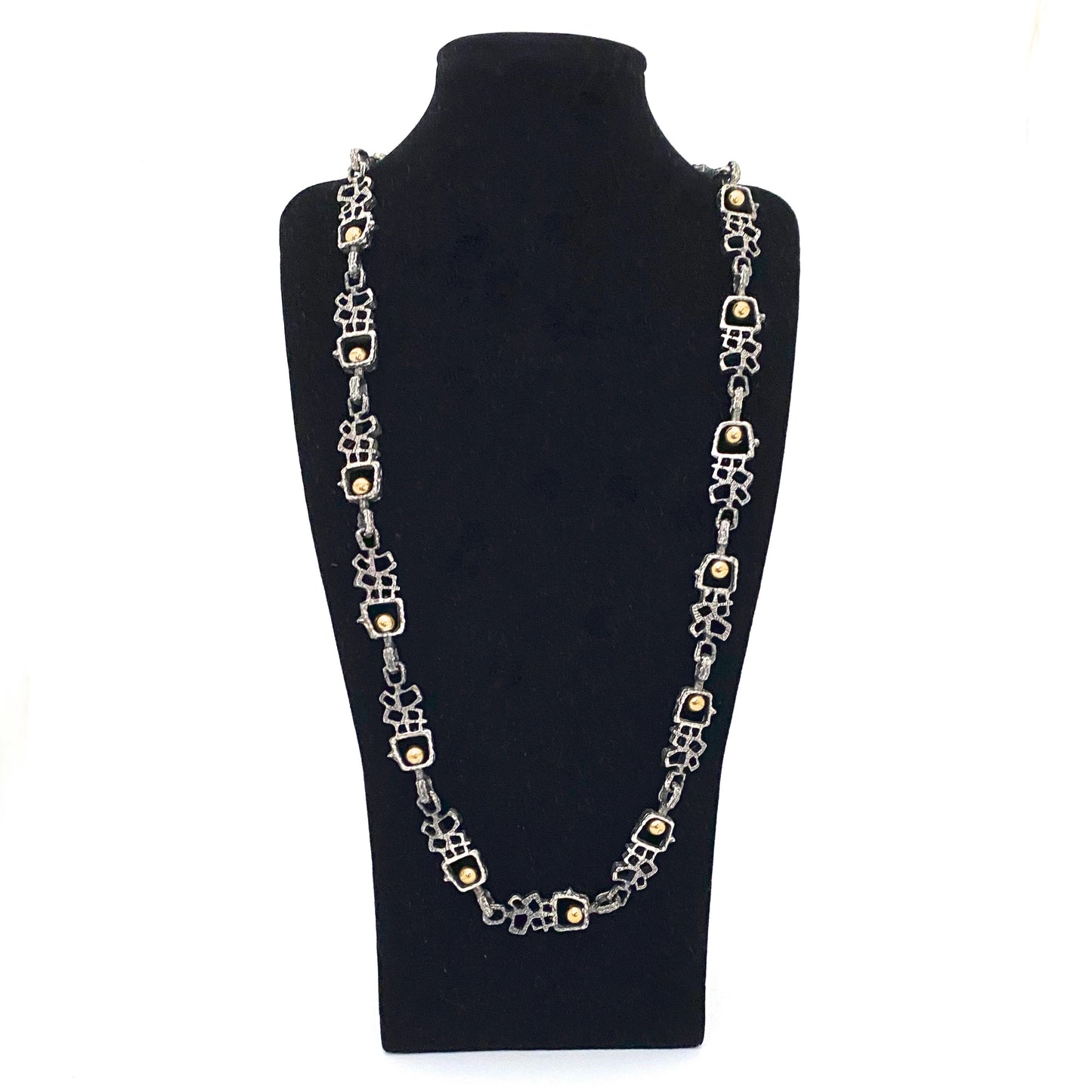 detail Guy Vidal Canada vintage brutalist pewter bronze spheres long link chain necklace Canadian Modernist jewelry design