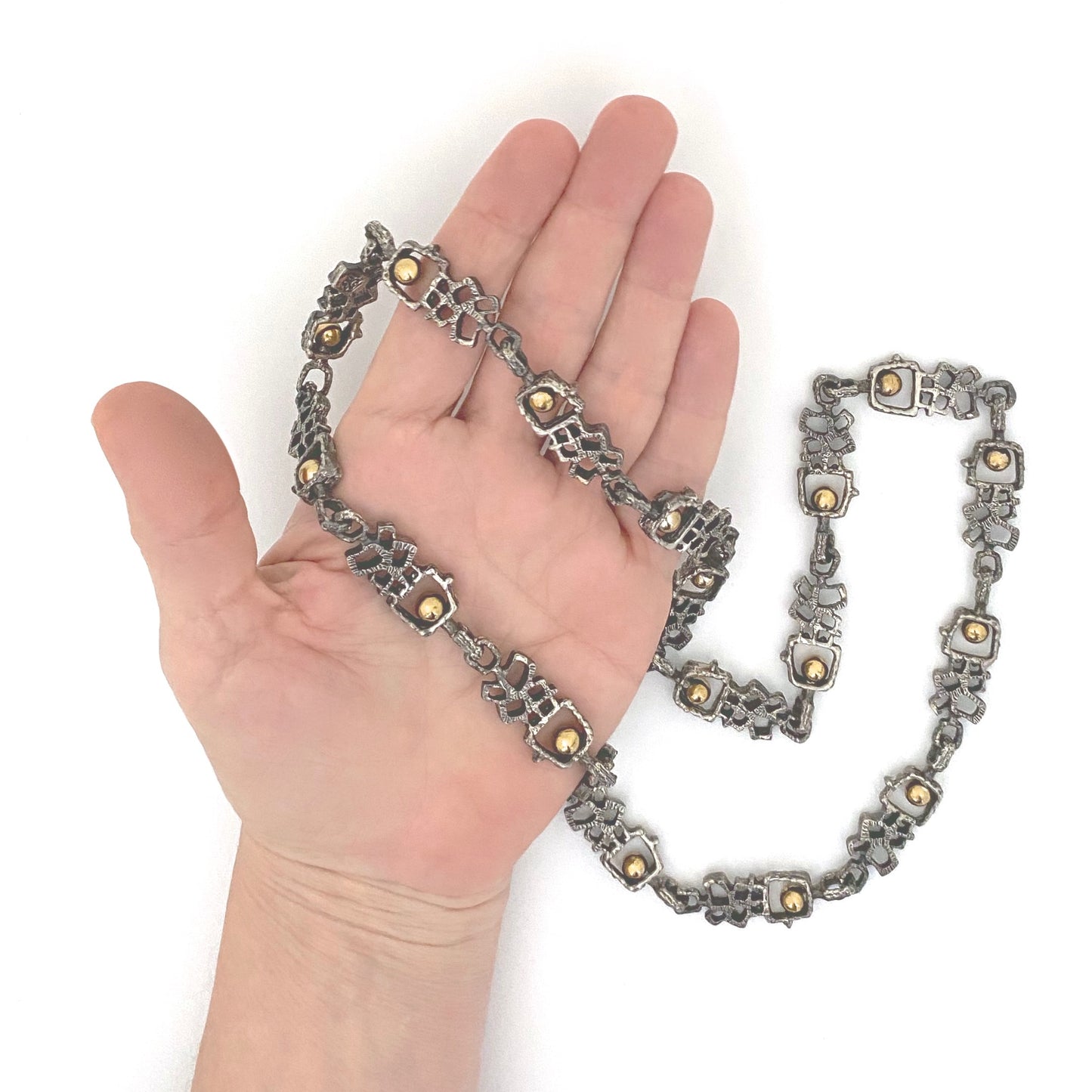 scale Guy Vidal Canada vintage brutalist pewter bronze spheres long link chain necklace Canadian Modernist jewelry design