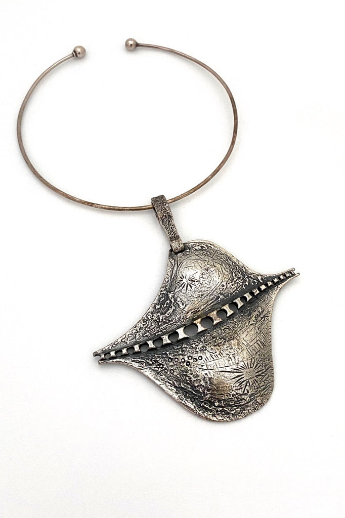 Guy Vidal Canada vintage extra large brutalist pewter pierced pendant Canadian jewelry design