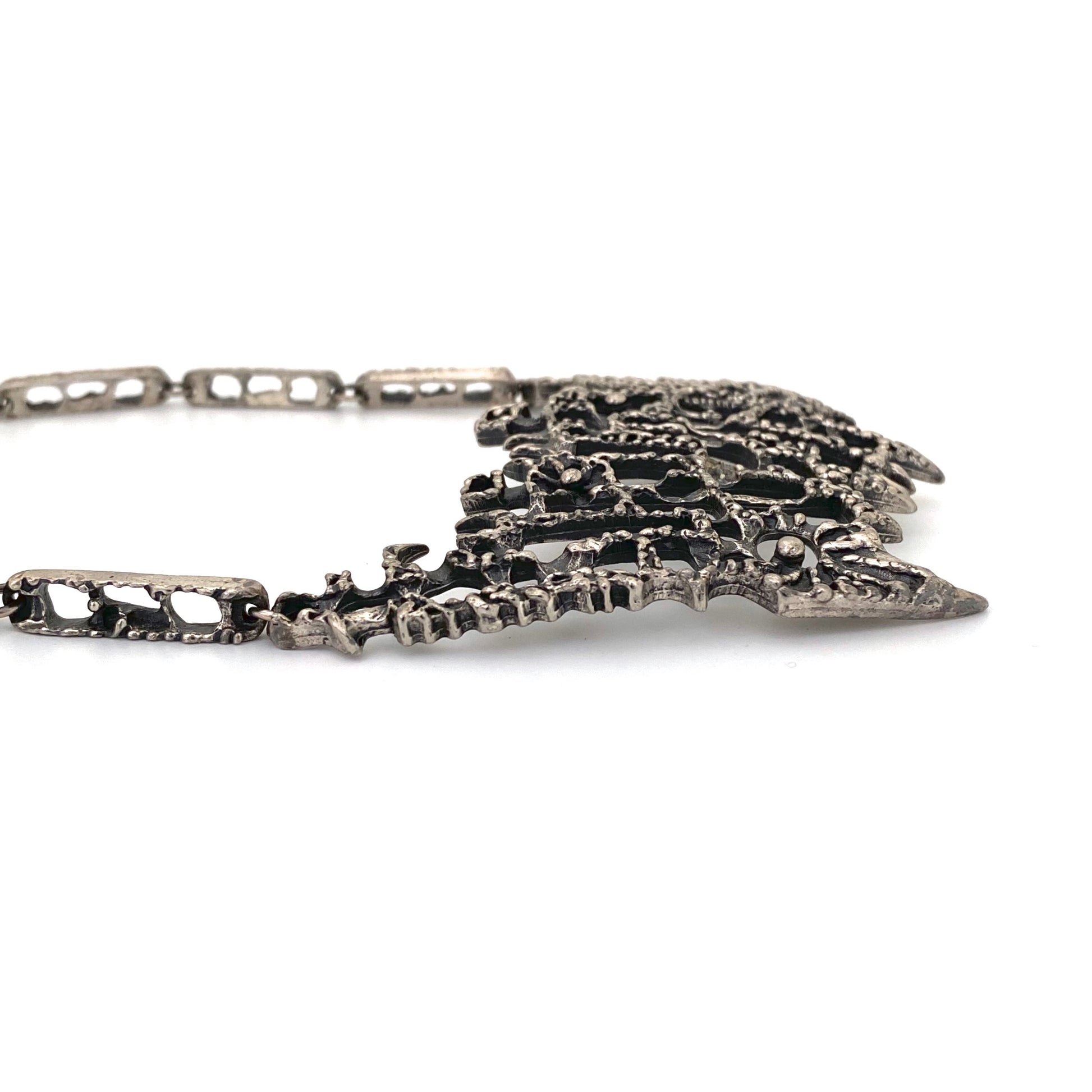 profile Guy Vidal Canada vintage brutalist pewter large bib necklace Canadian Modernist jewelry design