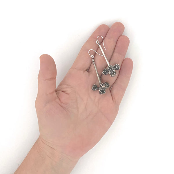 scale Guy Vidal Canada vintage brutalist pewter long drop earrings Modernist jewelry design