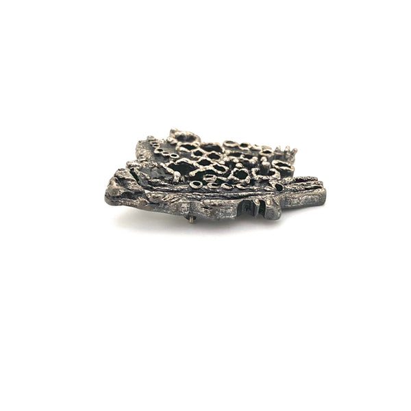 profile Guy Vidal Canada vintage brutalist pewter openwork brooch Canadian Modernist jewelry design