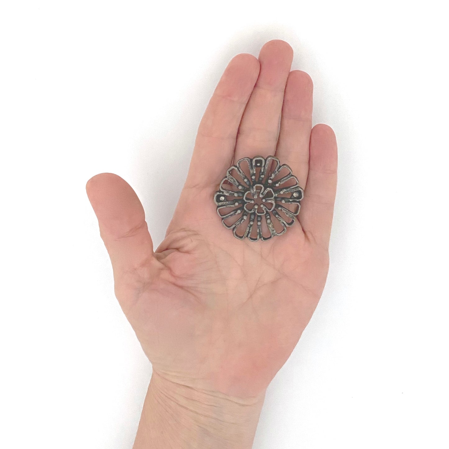 scale Guy Vidal Canada vintage brutalist pewter flower brooch Canadian Modernist jewelry design