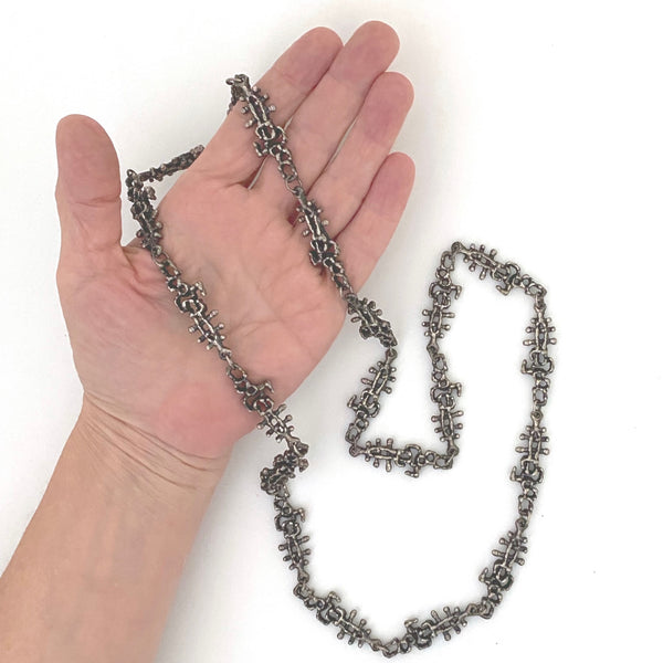 scale Guy Vidal Canada vintage brutalist pewter openwork long link chain necklace Canadian jewelry design