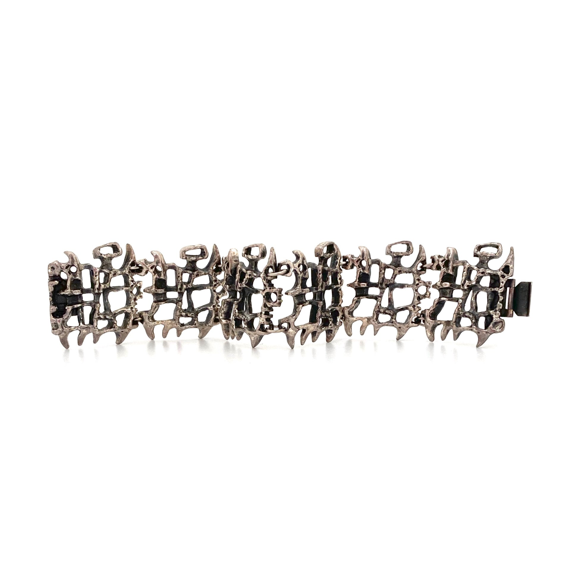 detail Guy Vidal Canada vintage brutalist pewter openwork panel link bracelet Canadian Modernist jewelry design