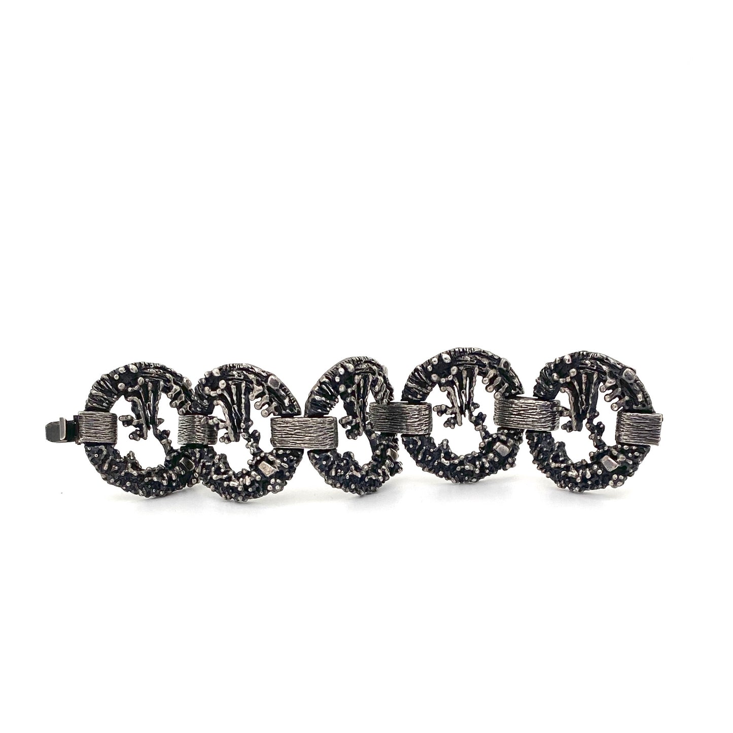 detail Guy Vidal Canada vintage brutalist pewter openwork panel link bracelet Canadian Modernist jewelry design
