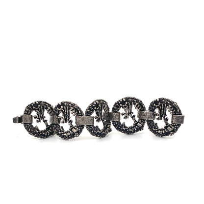 detail Guy Vidal Canada vintage brutalist pewter openwork panel link bracelet Canadian Modernist jewelry design