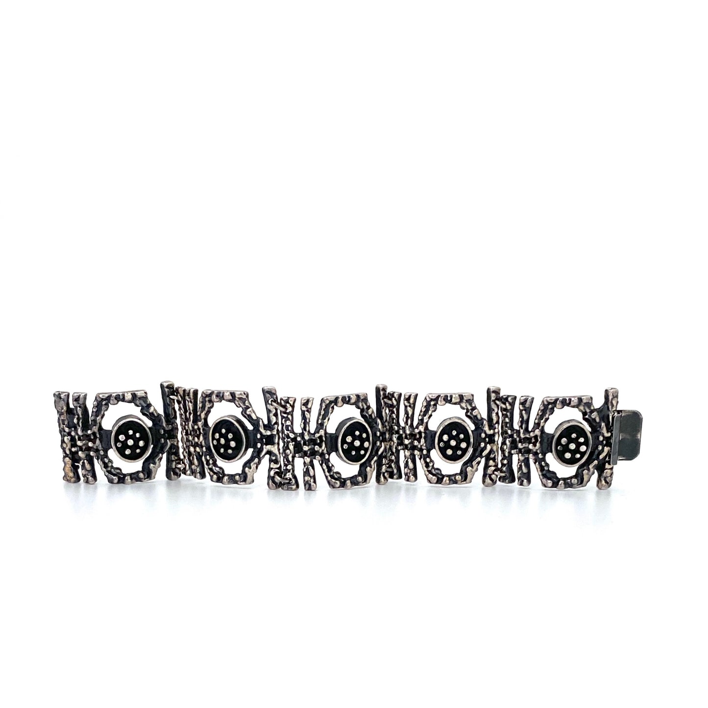 detail Guy Vidal Canada vintage brutalist pewter openwork panel link bracelet Canadian Modernist jewelry design