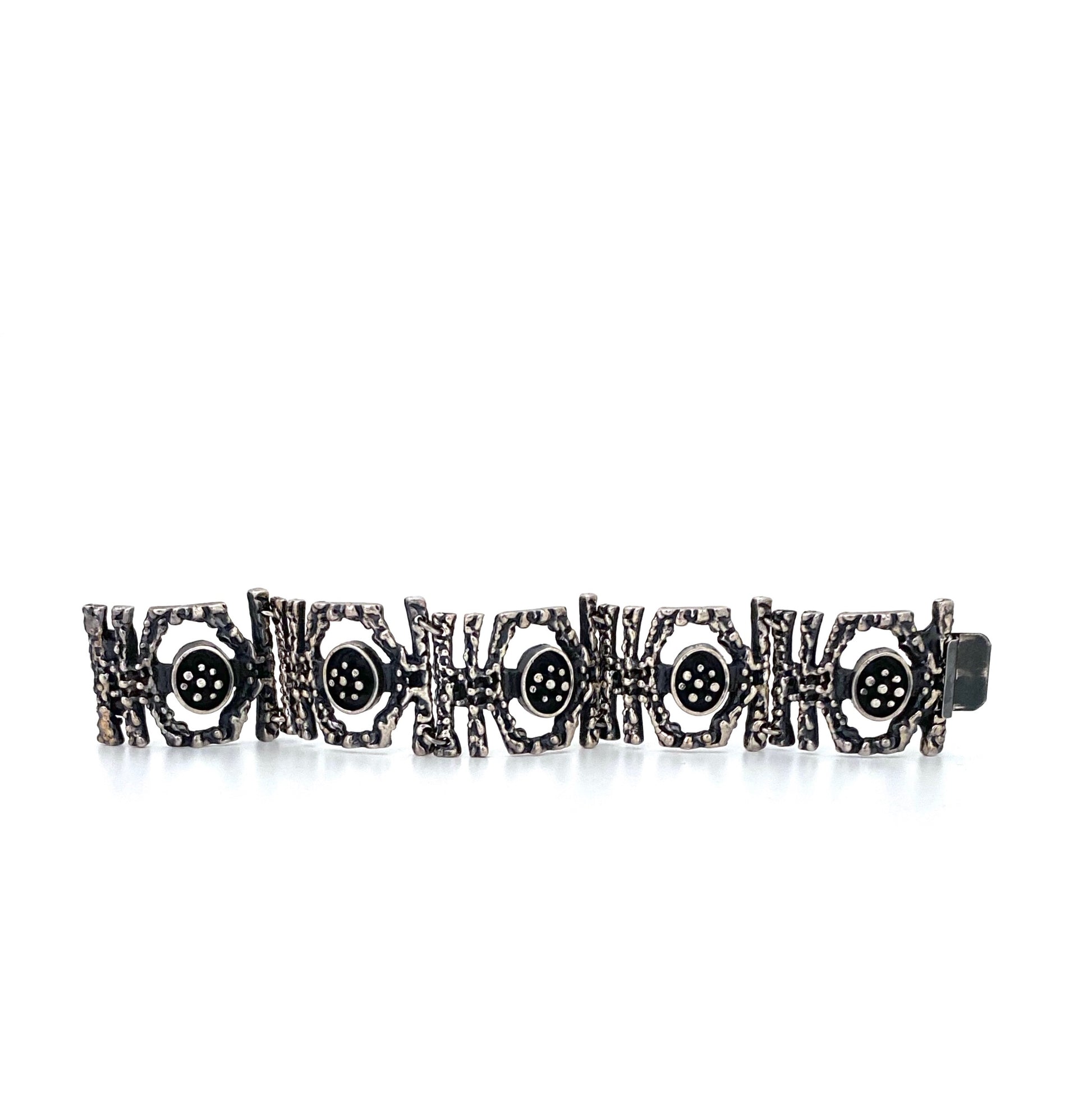 detail Guy Vidal Canada vintage brutalist pewter openwork panel link bracelet Canadian Modernist jewelry design