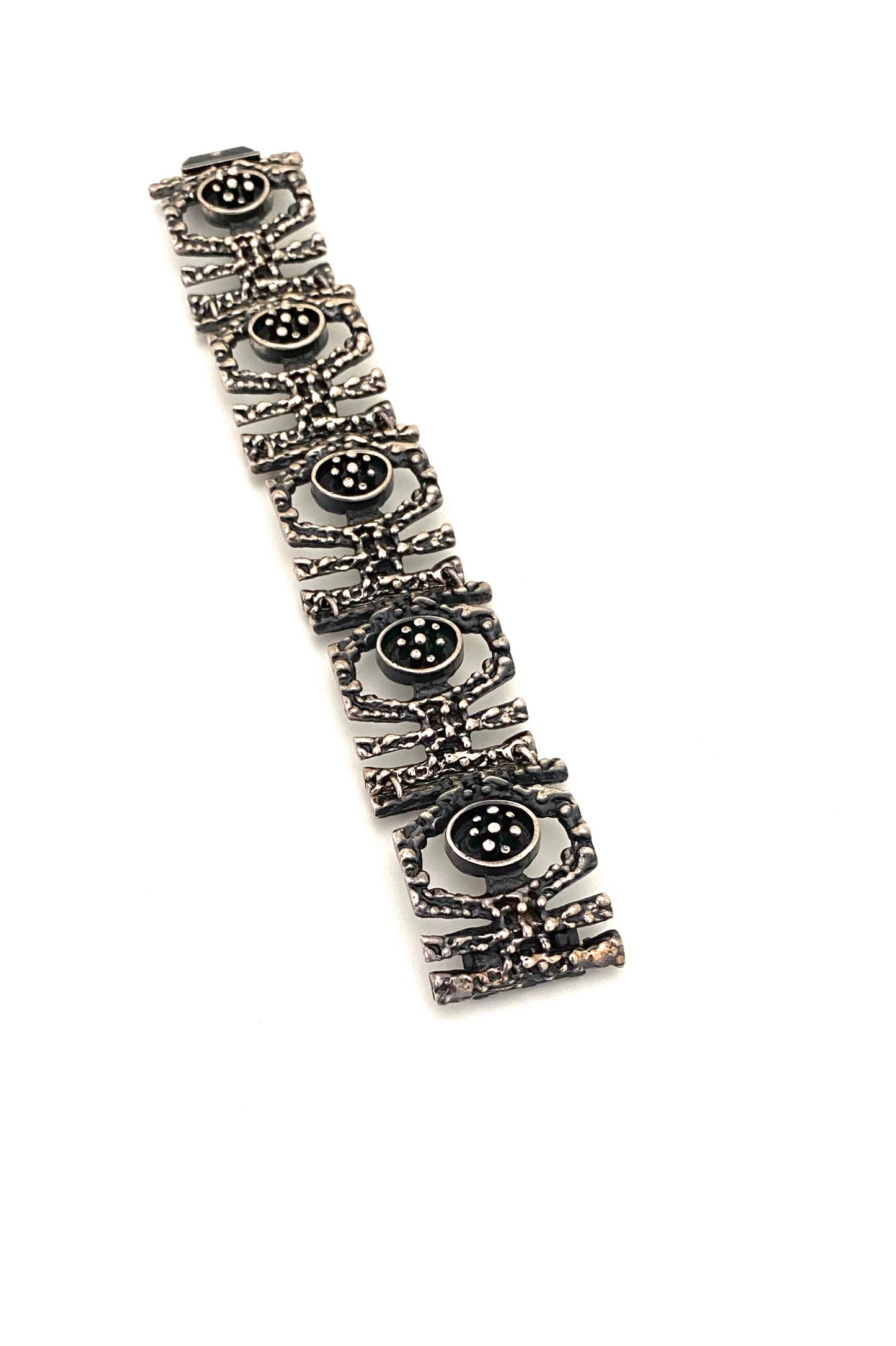 Guy Vidal Canada vintage brutalist pewter openwork panel link bracelet Canadian Modernist jewelry design