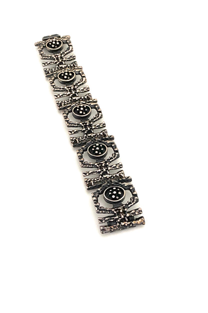 Guy Vidal Canada vintage brutalist pewter openwork panel link bracelet Canadian Modernist jewelry design