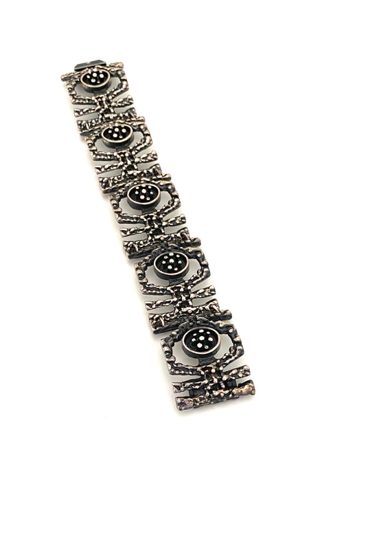 Guy Vidal Canada vintage brutalist pewter openwork panel link bracelet Canadian Modernist jewelry design