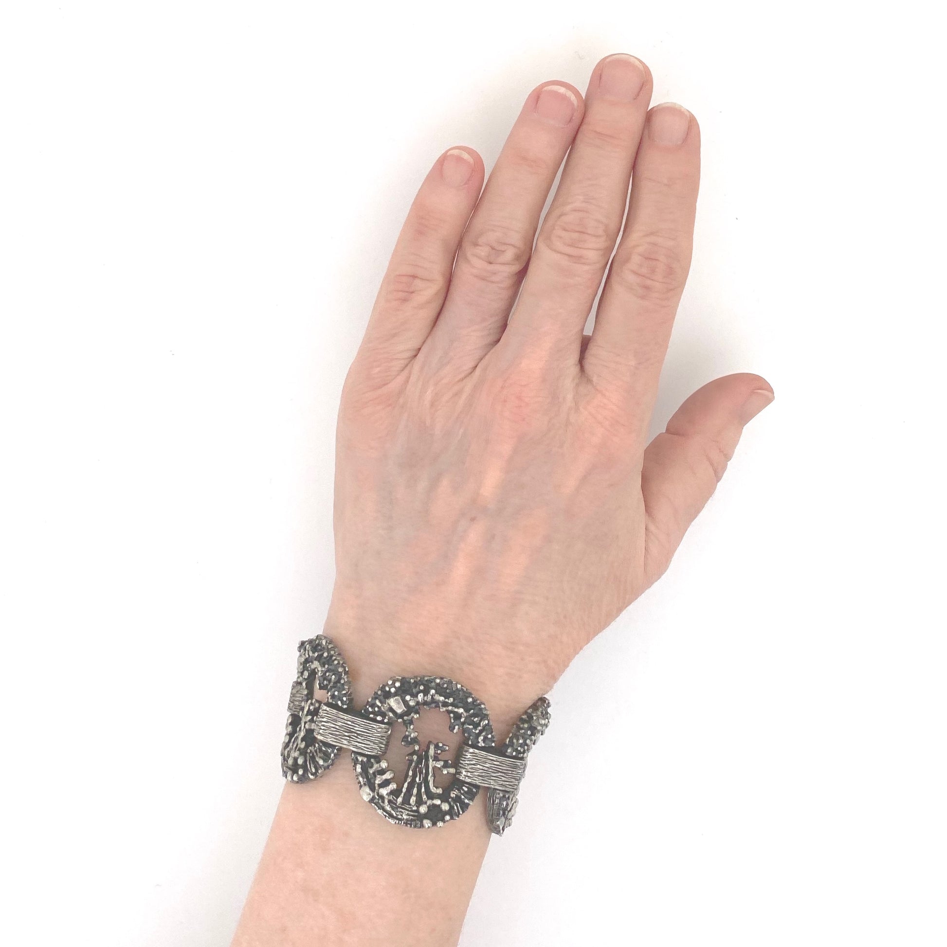 scale Guy Vidal Canada vintage brutalist pewter openwork panel link bracelet Canadian Modernist jewelry design