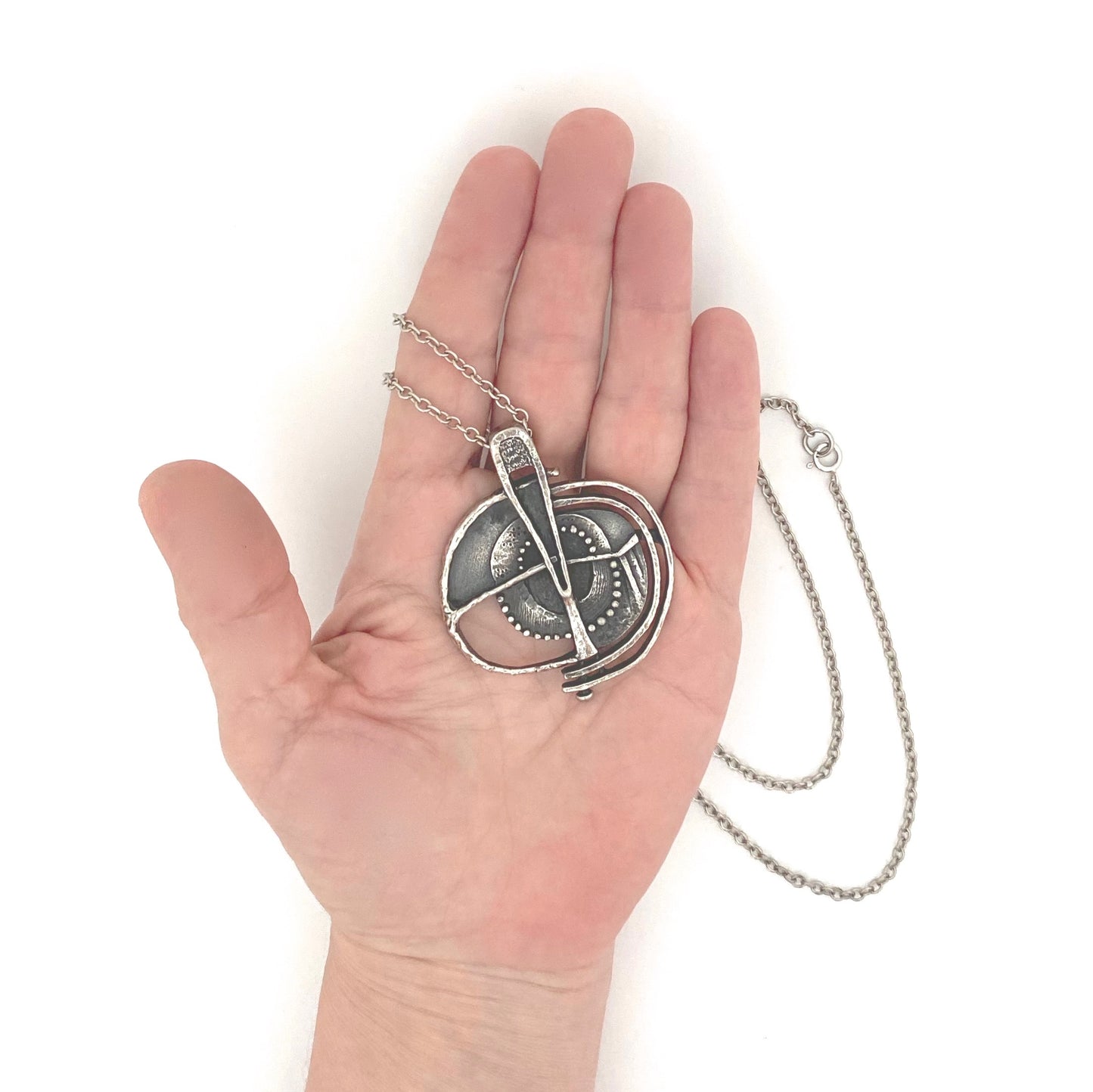 scale Guy Vidal Canada vintage brutalist pewter openwork pendant necklace Canadian Modernist jewelry design