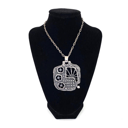 Guy Vidal large brutalist pewter openwork pendant necklace