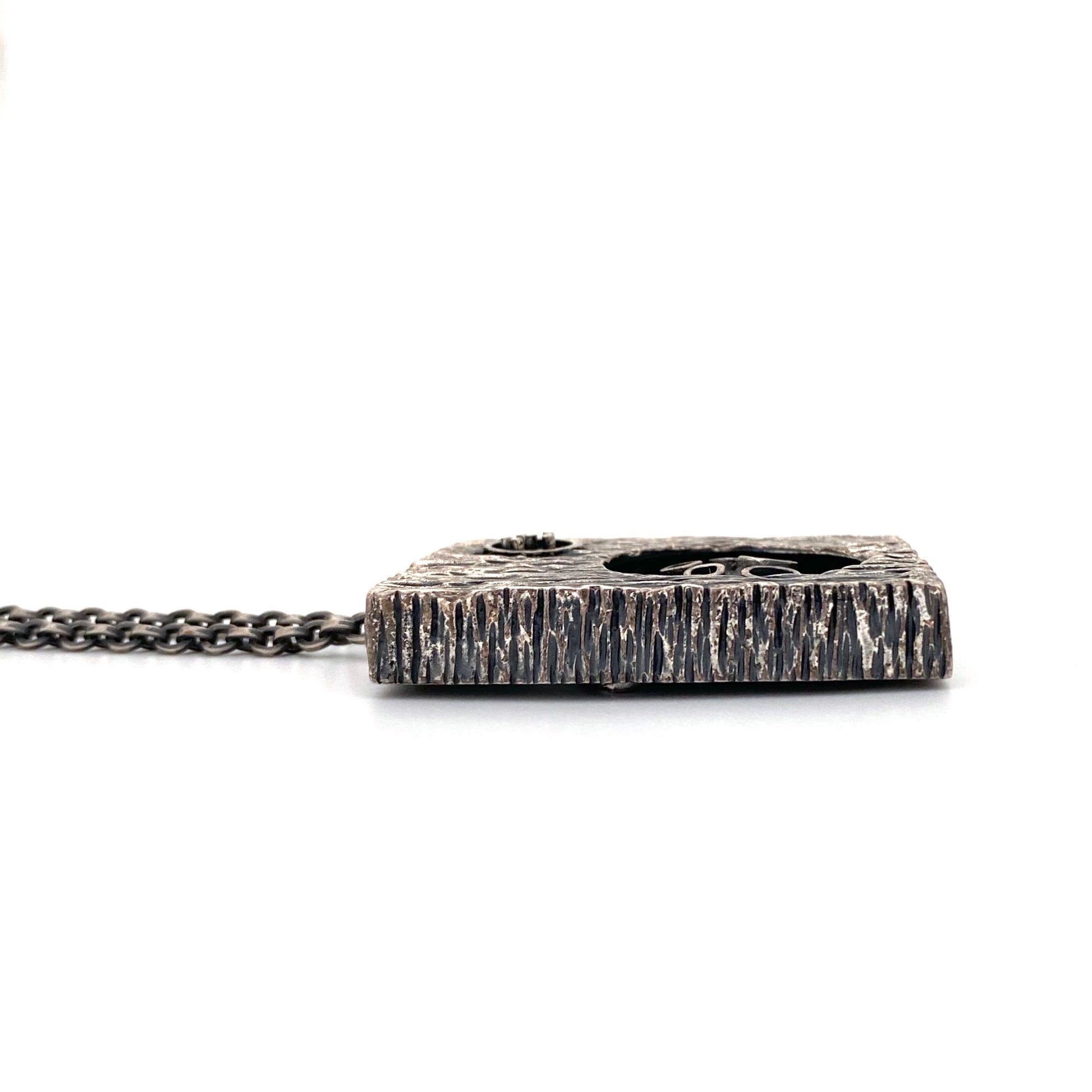 profile Guy Vidal Canada vintage brutalist pewter double sided shadowbox pendant necklace Canadian Modernist jewelry design scarce