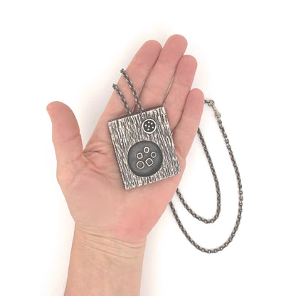 scale Guy Vidal Canada vintage brutalist pewter double sided shadowbox pendant necklace Canadian Modernist jewelry design scarce