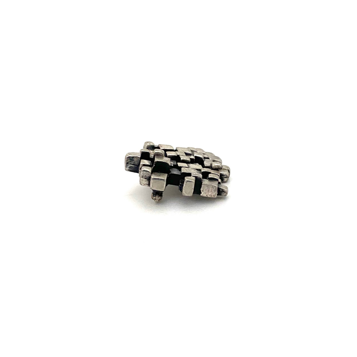 profile Guy Vidal Canada vintage brutalist pewter stacked cubes brooch Canadian Modernist jewelry design