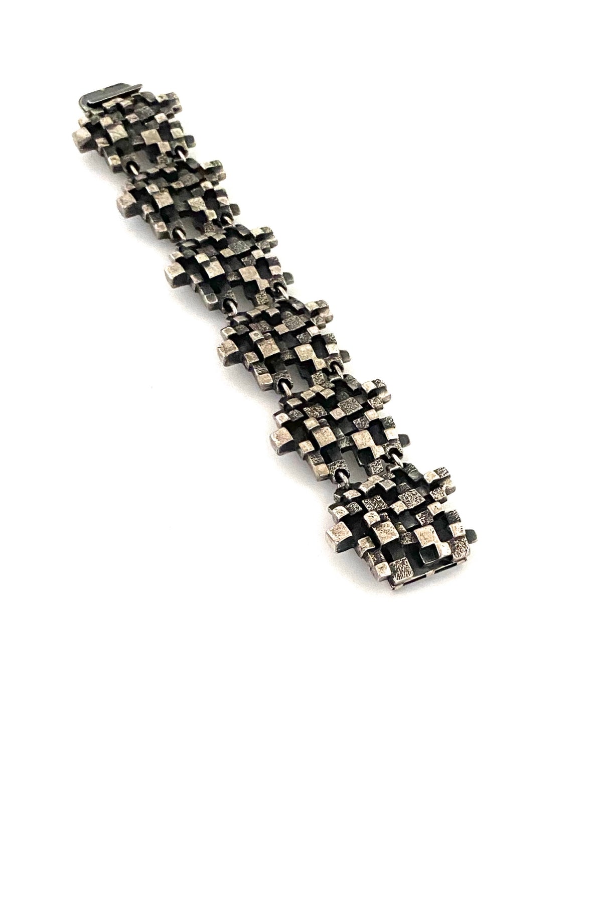 Guy Vidal Canada vintage brutalist pewter stacked cubes link bracelet Canadian Modernist jewelry design