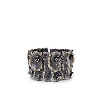 detail Guy Vidal Canada vintage brutalist pewter wide panel link bracelet rare Canadian Modernist jewelry design