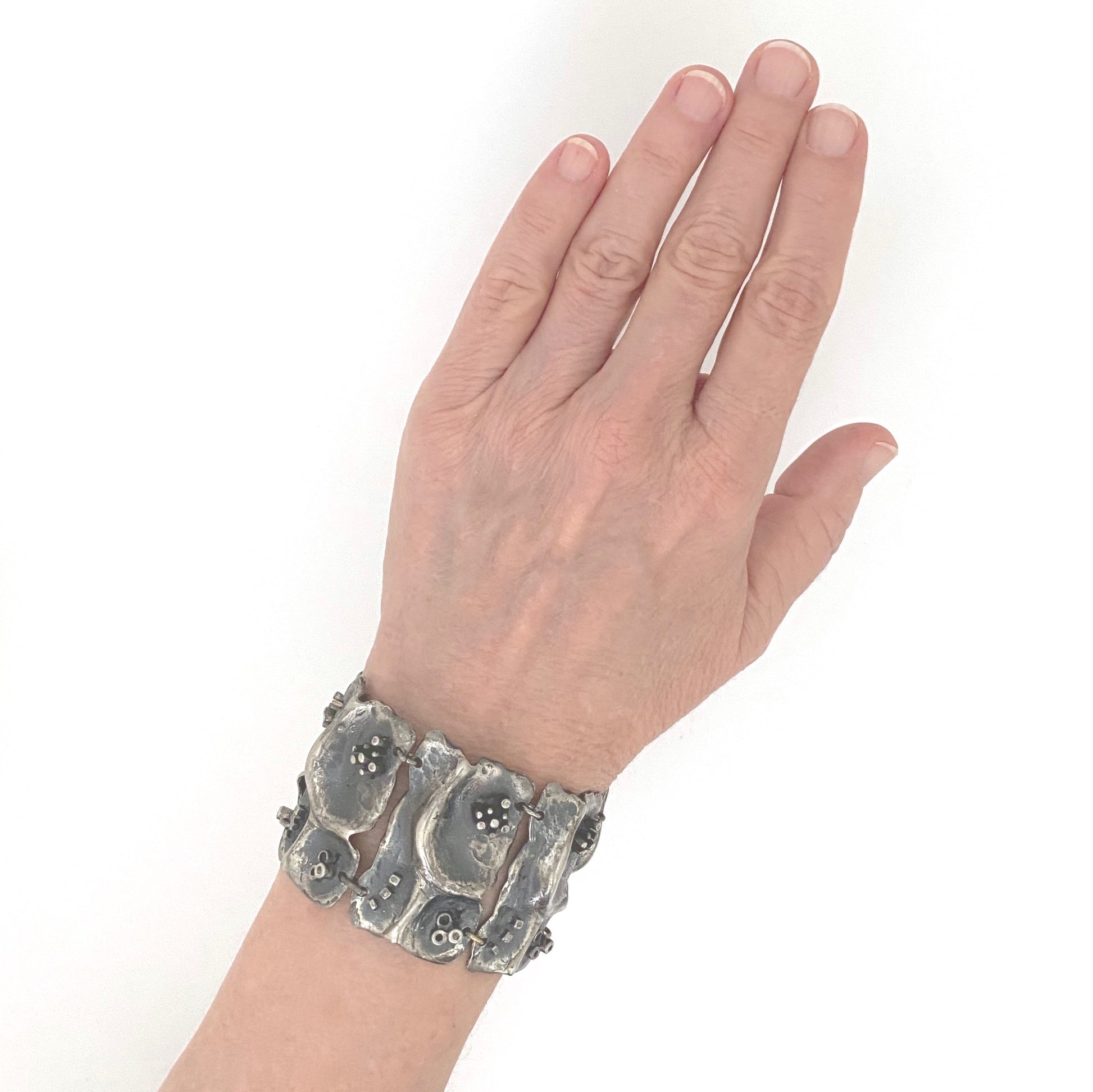 scale Guy Vidal Canada vintage brutalist pewter wide panel link bracelet rare Canadian Modernist jewelry design