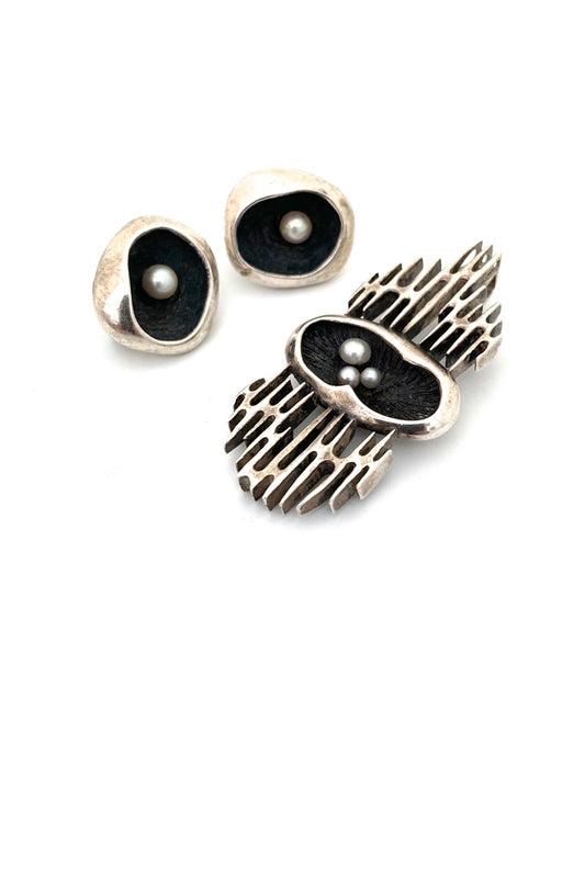 Hans Gehrig Canada vintage silver pearly shadowbox pendant earrings Canadian Modernist art jewelry design