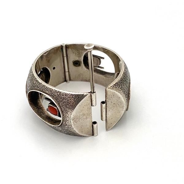 ORNO silver & coral wide hinged bracelet