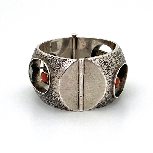 ORNO silver & coral wide hinged bracelet