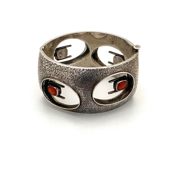 ORNO silver & coral wide hinged bracelet