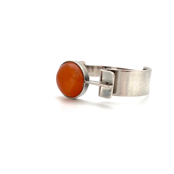 detail Gilbert Rheme Canada vintage sterling silver orange agate cuff bracelet Canadian Modernist jewelry design