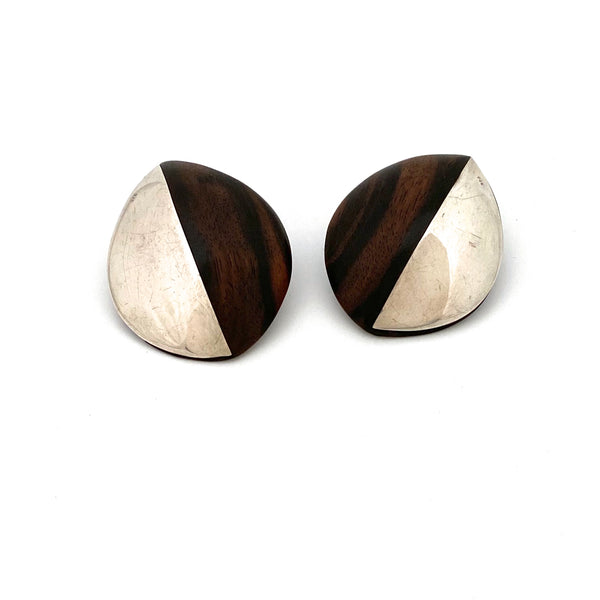 Monies large silver & wood clip earrings