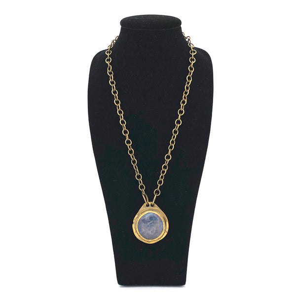 detail Rafael Alfandary Canada vintage brass pale blue grey glass simple pendant necklace