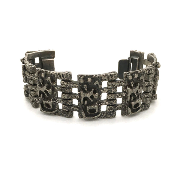 detail Guy Vidal Canada vintage brutalist pewter panel link bracelet mid century modern jewelry design